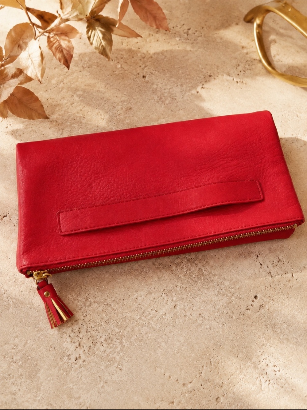 Red vegan Leather Zip Pouch Clutch - Women Bags